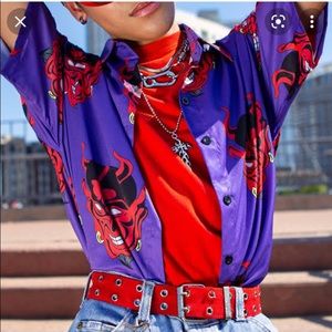 Gothic Devil Satan Shirt Purple Short Sleeve Japanese Devil Mask Grunge Goth